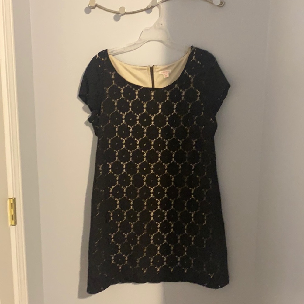 Nude with black lace short sleeve dress